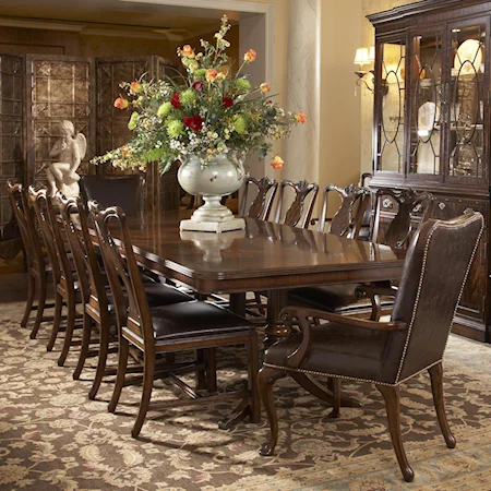 11 Piece Double Pedestal Dining Table and Splat Back Side Chair with Leather Upholstered Arm Chairs